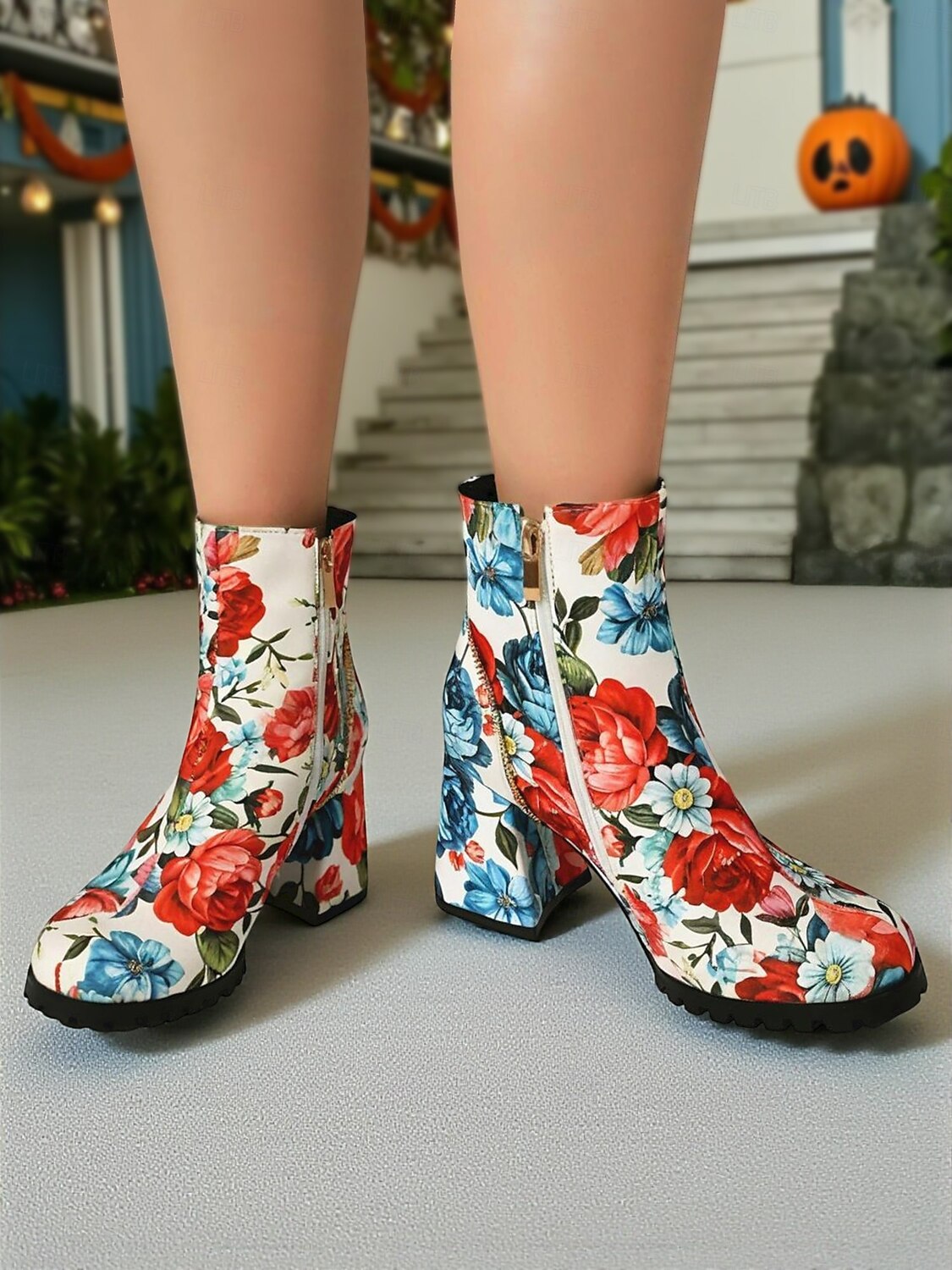 Damen-Stiefeletten mit Totenkopf- und Rosen-Print für Halloween – Stiefeletten mit klobigem Blockabsatz und seitlichem Reißverschluss im Gothic-Stil für Cosplay, Partys und Herbstfestivals 2025 - $54.99 –P5