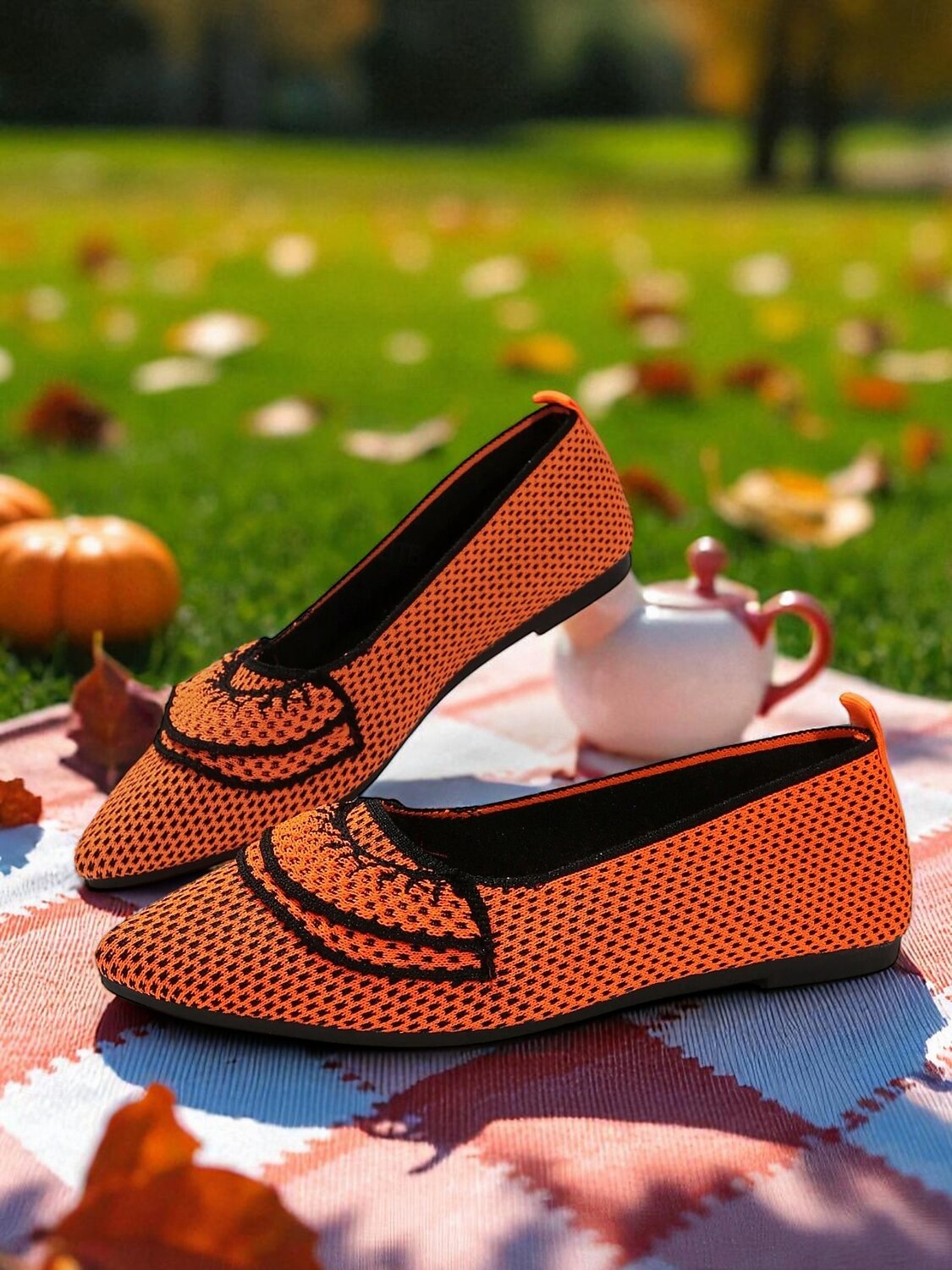 Orangefarbene Flyknit-Ballerinas für Damen – atmungsaktive Slipper mit spitzer Spitze und schwarzem Besatz für Halloween-Partys, Herbstpicknicks und den lässigen Alltag 2025 - $19.99 –P2