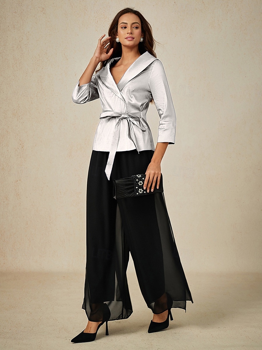 Dam Blus Kvällstoppar Elegant Metallisk Stylish 3/4 ärm V-hals Vanliga toppar Bröllopsgäst Kvällsfest Semiformell knyt fram Vit Vår, Höst, Vinter, Sommar 2025 - $79.99 –P5