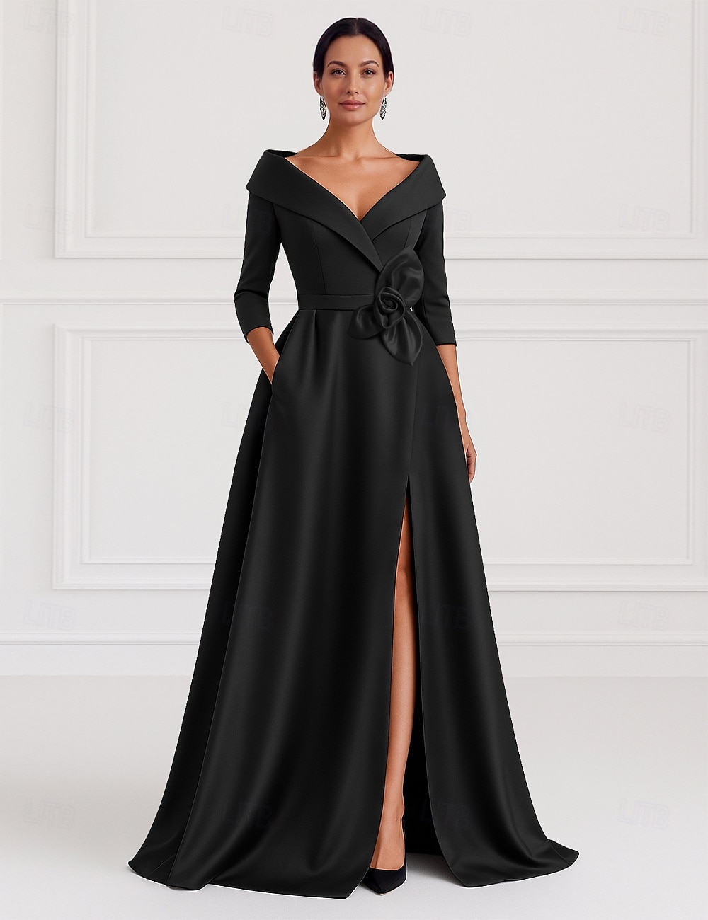Abito da sera A-Line nero e oro abito elegante invitato al matrimonio lunghezza campagna maniche 3/4 colletto camicia tasca satin elasticizzato con fiore sulla spalla del 2025 a $139.99 –P1