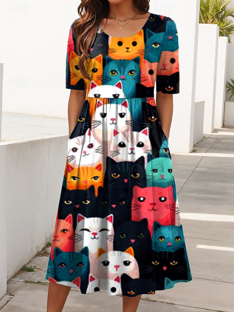 Mujer Vestido Midi Vestido de verano Vestido plisado Vacaciones Casual Festivos Ajuste regular Graphic Animal Gato Media Manga Cuello Barco Negro Blanco Marrón Verano Primavera 2026 - $33.99 –P1