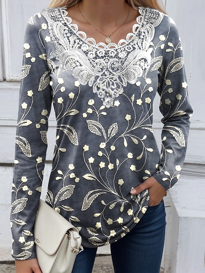 Femmes Chemisier Fleuri Graphique Plantes ancien Mode Élégant manche longue Col ras du cou Hauts Réguliers Quotidien Sortir Week-end Dentelle Patchwork Imprimé Noir Rouge Bleu Ciel Bleu Poudré Vert de 2025 ? $23.99 –P2