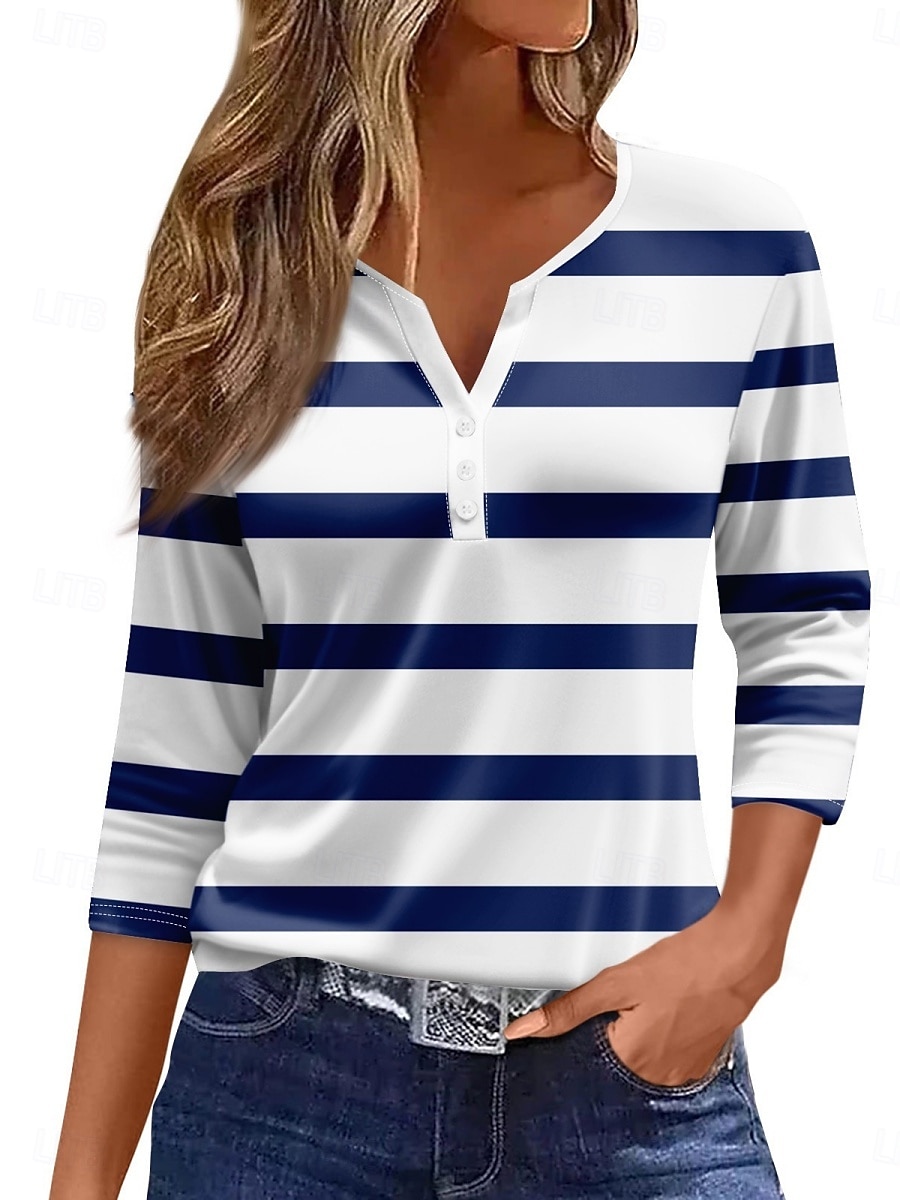 Per donna Camicia Bottoni Stampato A righe Elegante Casual Manica Lunga Scollo a V Top Regolari Quotidiano Blu Bianco Vino Verde Estate Primavera Autunno del 2026 a $21.99 –P1