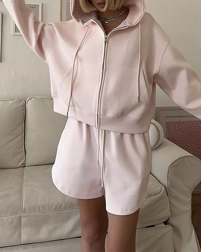 Mulheres Moda Roupa de rua Moletom Conjuntos de shorts Manga Longa Com Capuz Tecido Zíper Roupa Diária Encontro Branco Rosa Azul Verão Normal de 2025 por $27.99 –P3