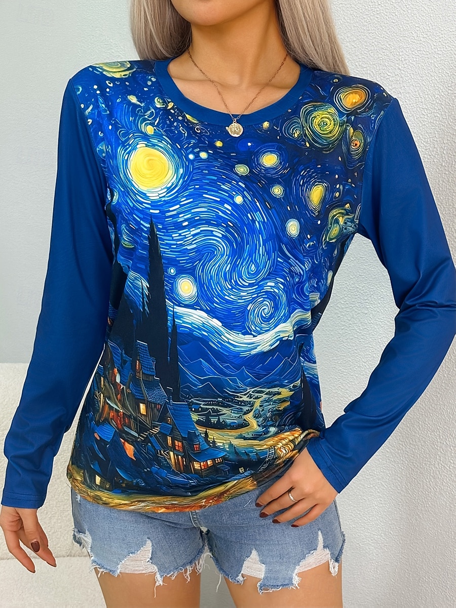 Women's T shirt Crew Neck Long Sleeve Tunic Graphic Abstract Vintage Stylish Classic  Round Neck Regular Tops Daily Print Blue Fall 2026 - $24.99 –P1