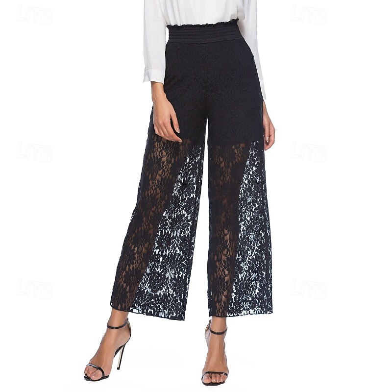 Femmes Jambe large Slacks Streetwear Occasionnel Longueur complète Naturel Uni Dentelle Patchwork Taille Élastique Confortable Fête Sortir Vert translucide Noir Blanche Bleu de minuit Automne Coupe de 2025 ? $16.99 –P5