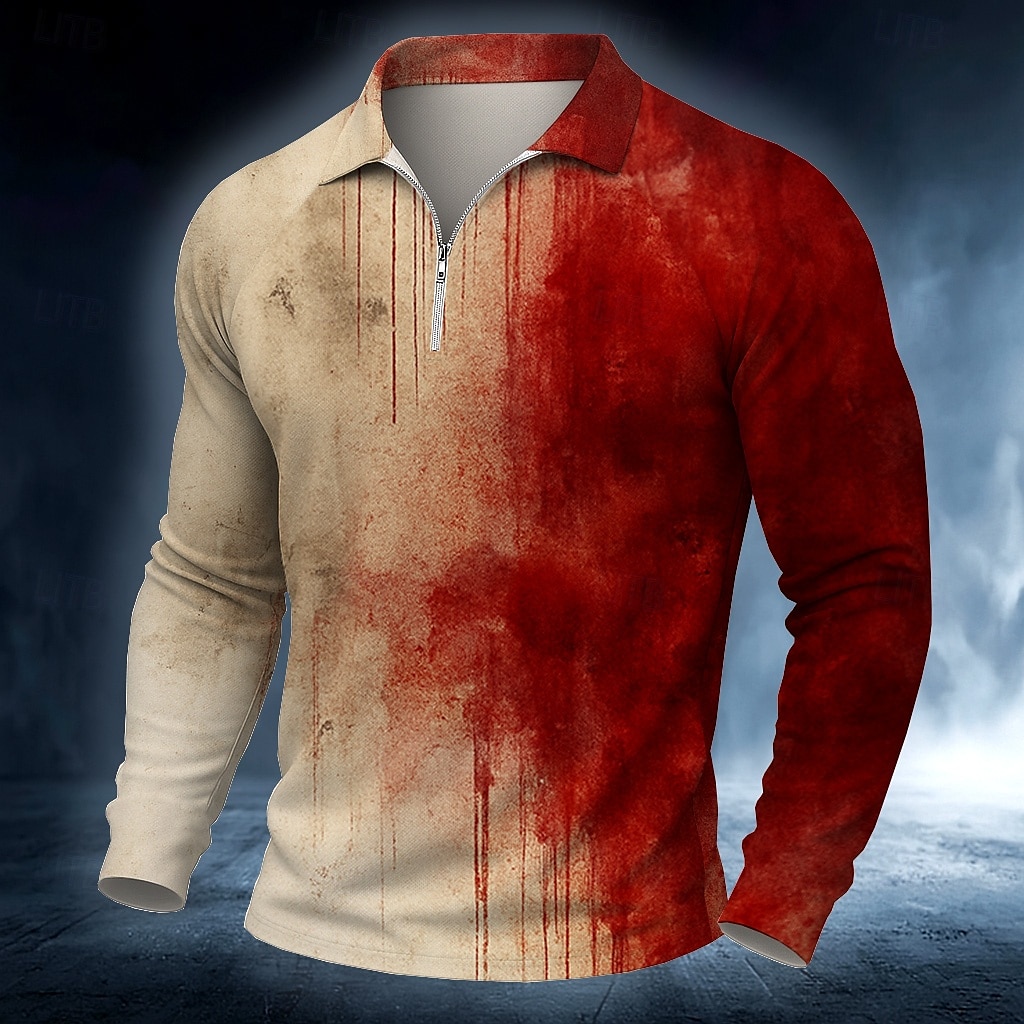 Halloween Herr Blodfläckar Polo Långärmad Polotröjor Ledigt Mörk Utomhus Gata Dagliga kläder 3D-utskrift Quarter Zip Polo Vår Höst Vinter Rubinrött Blå Grå 2025 - $20.99 –P1