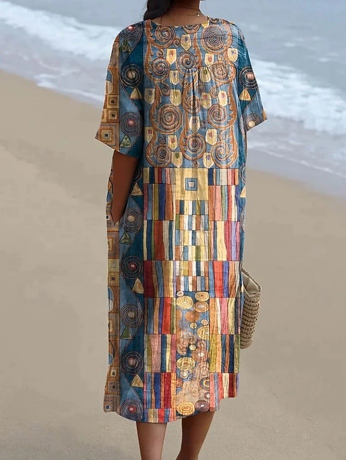 Per donna Abito Midi Vestito Estivo Abito a trapezio Vacanza Casual Spiaggia Feste Uscire Spiaggia Vestibilità comoda Grafico Geometrico Manica Corta Scollo a V Giallo scuro Rosa Blu Arancione Estate del 2025 a $36.99 –P2