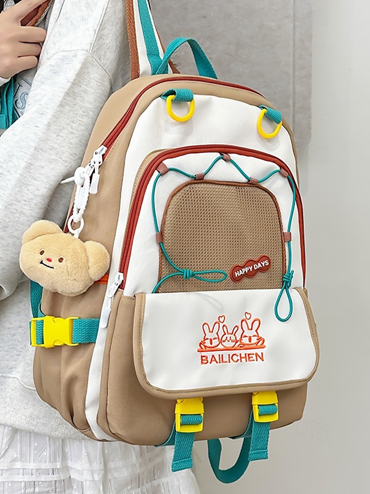 Stor reseryggsäck för tonårsflickor med vagnsrem – söt kaninbroderi, skolväska med flera fickor för mellan- och högstadieelever 2025 - $29.99 –P1