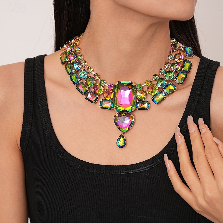 Gargantilla y pendientes de cristal plateado con declaración para mujer: joyas glamurosas con diamantes de imitación grandes para fiestas, bodas y eventos formales. 2025 - $14.99 –P5