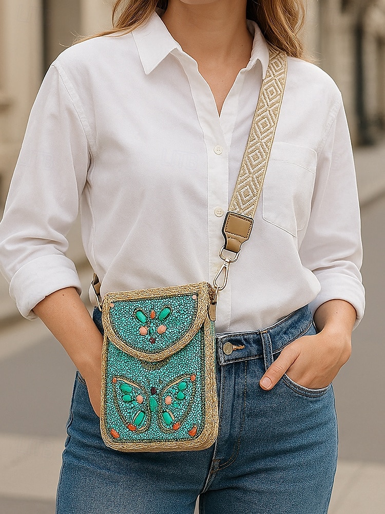 Borsa a tracolla con perline da donna con design a farfalla colorata, stile bohémien, borsa a tracolla casual e da viaggio per donna, perfetta per spiaggia, vacanze e gite estive del 2025 a $18.99 –P2