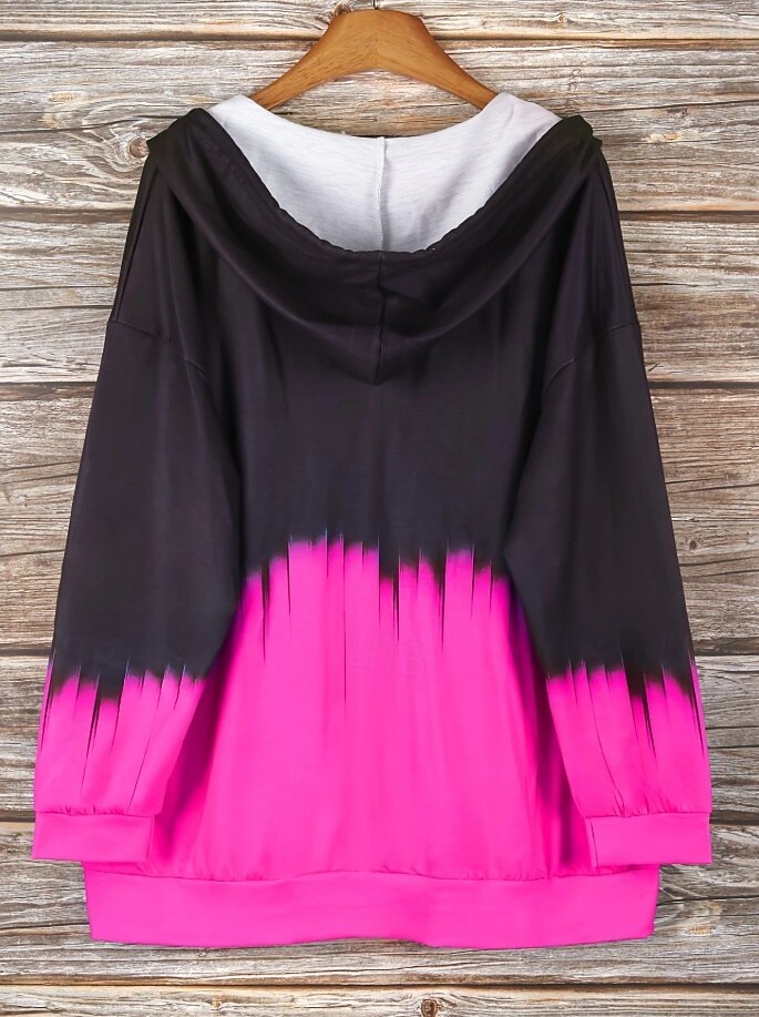 Felpa con zip da donna grafica geometrica a righe moda casual con maniche lunghe e cappuccio top regolari per il tempo libero quotidiano stampa con tasca nero fucsia primavera autunno del 2025 a $27.99 –P4