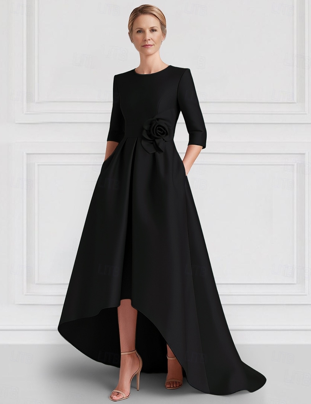 A-Linie Abendkleid Elegantes Kleid Formal Hochzeit Asymmetrisch Halber Ärmel Crew-Ausschnitt Mutter der Braut Kleid Stretch Satin mit Tasche 2025 - $142.99 –P3