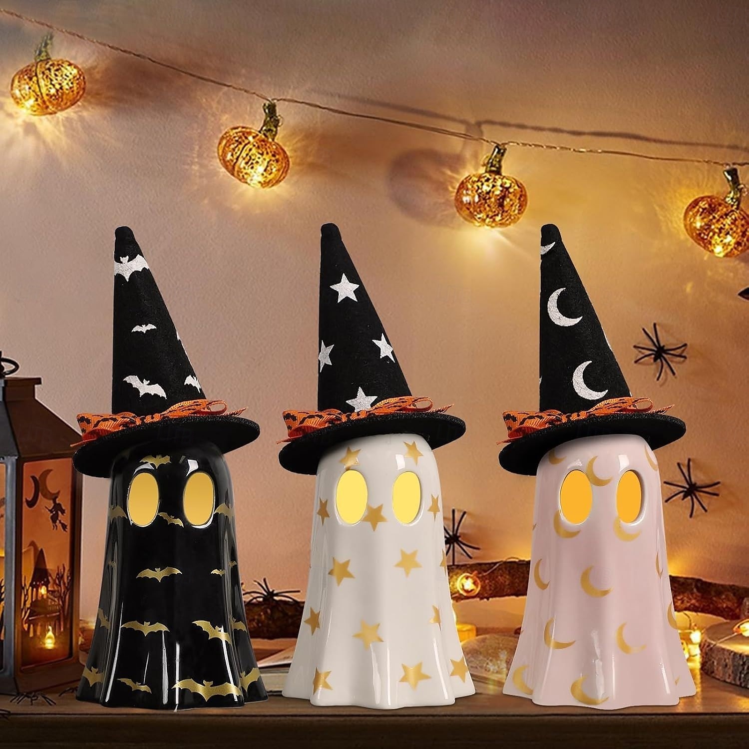 Statuetta fantasma di Halloween, piccole statuette fantasma in resina con luce, fantasmi luminosi con cappelli da strega, simpatica statua fantasma per decorazioni spettrali di Halloween per tavoli da del 2025 a $17.99 –P4
