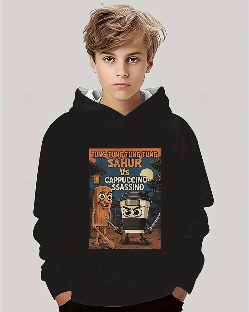 Moletom com capuz masculino de manga comprida com estampa italiana de podridão cerebral, elemento tung tung tung sahur, moda urbana primavera outono, crianças de 4 a 12 anos, com capuz, casual para de 2025 por $18.99 –P1