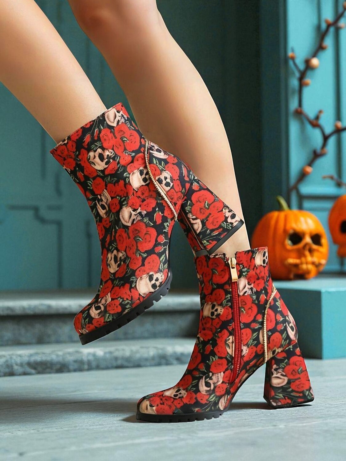 Damen-Stiefeletten mit Totenkopf- und Rosen-Print für Halloween – Stiefeletten mit klobigem Blockabsatz und seitlichem Reißverschluss im Gothic-Stil für Cosplay, Partys und Herbstfestivals 2025 - $54.99 –P6
