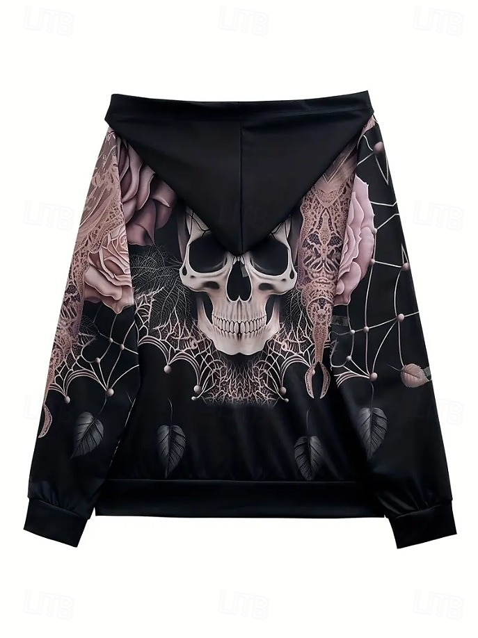 Sudaderas de mujer de Halloween con gráfico de calavera activas vintage de deportes de manga larga con capucha tops regulares casual vacaciones con cremallera con cordón negro primavera otoño 2025 - $26.99 –P3