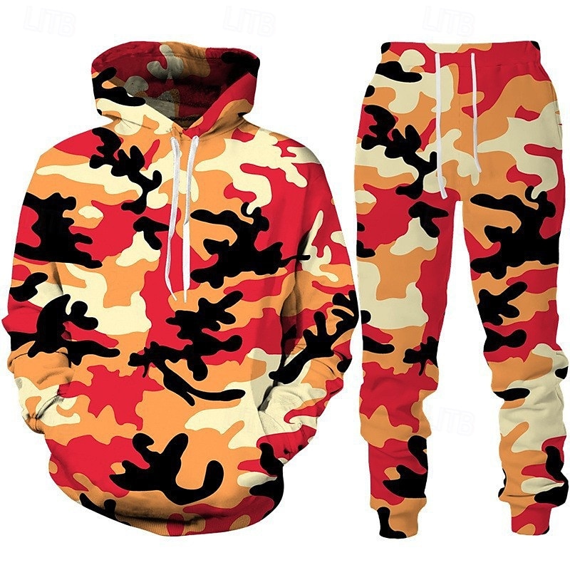Voor heren Trainingspak Kledingset Truien instellen Capuchon Buiten Dagelijks Sport Zak Trekkoord camouflage Blozend Roze Rood Marineblauw Grafische afdruk Polyester Sportkleding Modieus Streetwear 2025 - $34.99 –P3