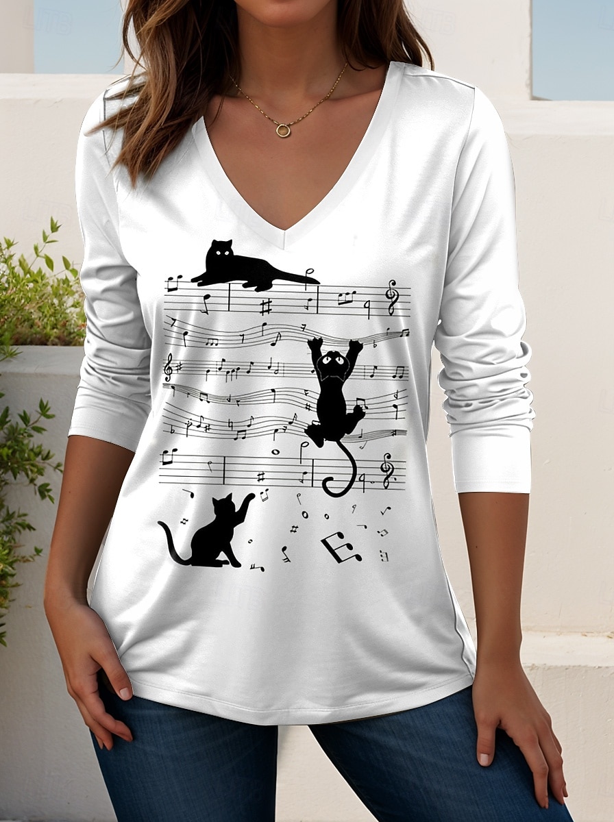 Festival de musique Femmes T-shirt Graphique Musique ancien Élégant Classique manche longue Col en V Hauts Réguliers Quotidien Sortir Week-end Imprimé Noir et blanc Noir Blanche Printemps Automne de 2025 ? $22.99 –P4