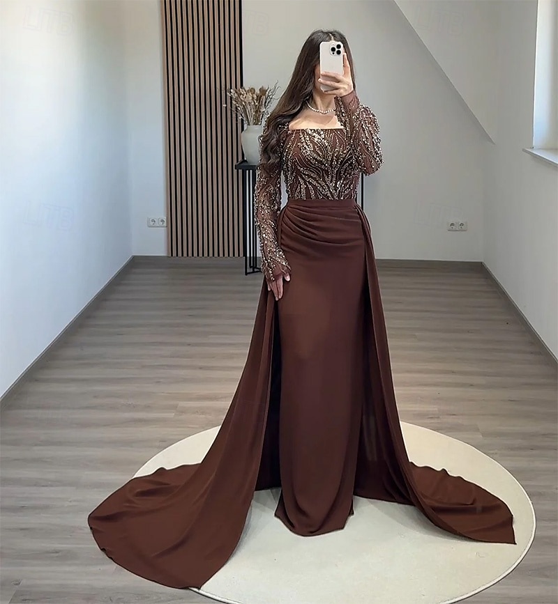 Abendkleid mit schwarzer Krawatte, Perlenbesatz, Spitze, abnehmbarer Überrock, elegantes Kleid, formelle Hochzeit, Schleppe, lange Ärmel, quadratischer Ausschnitt, mit Pailletten und gerüschten Perlen 2025 - $165.99 –P2