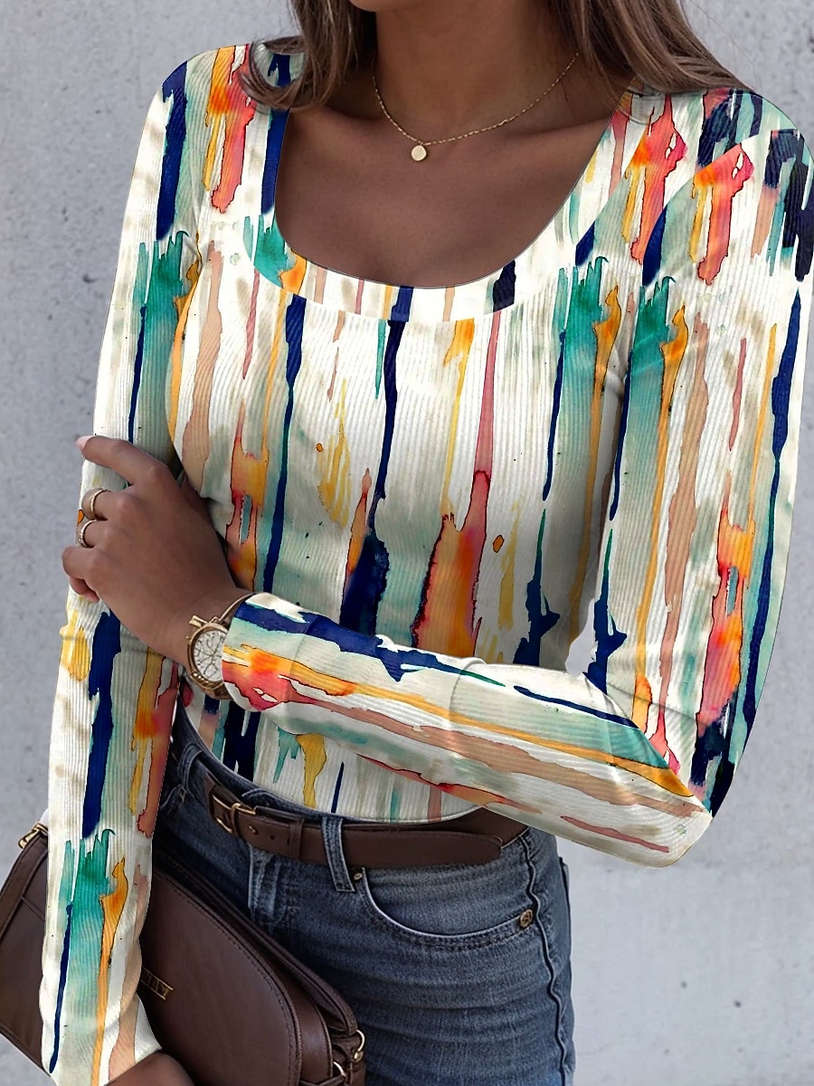 Tricou pentru femei cu mânecă lungă grafic cu manșete guler pătrat tunică lungă casual geometric clasic topuri regulate print zilnic alb albastru khaki curcubeu primăvară toamnă pre-toamnă 2025 - $24.99 –P1