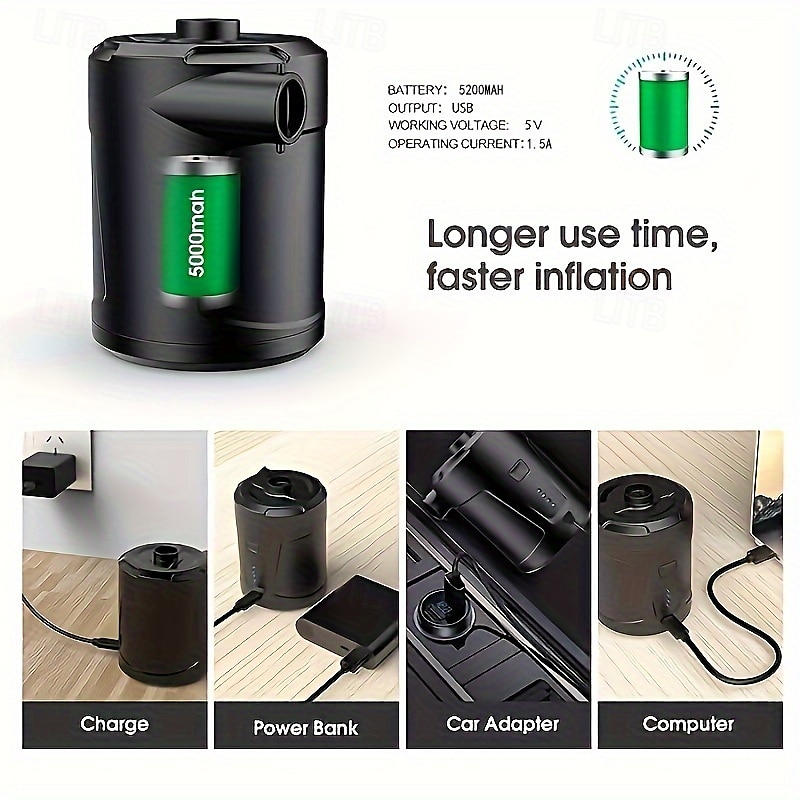 Wiederaufladbare, tragbare, kabellose elektrische Luftpumpe mit 5200 mAh – doppelt verwendbar für Luftmatratzen im Schwimmbecken &mehr - schwarz 2025 - $49.99 –P6
