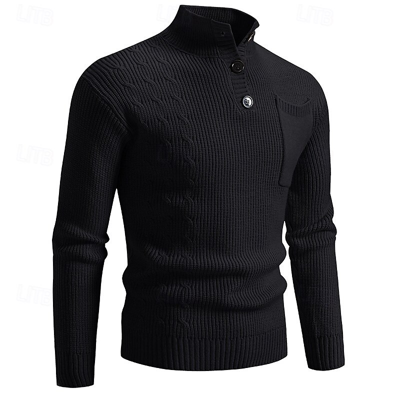 Herren Pullover Strickpullover Gerippt Stricken Normale Oberteile Tasche Gestrickt Einfach Stehkragen Mode Basic Urlaub Alltagskleidung Bekleidung Herbst Winter Schwarz Wein M L XL 2025 - $34.99 –P2