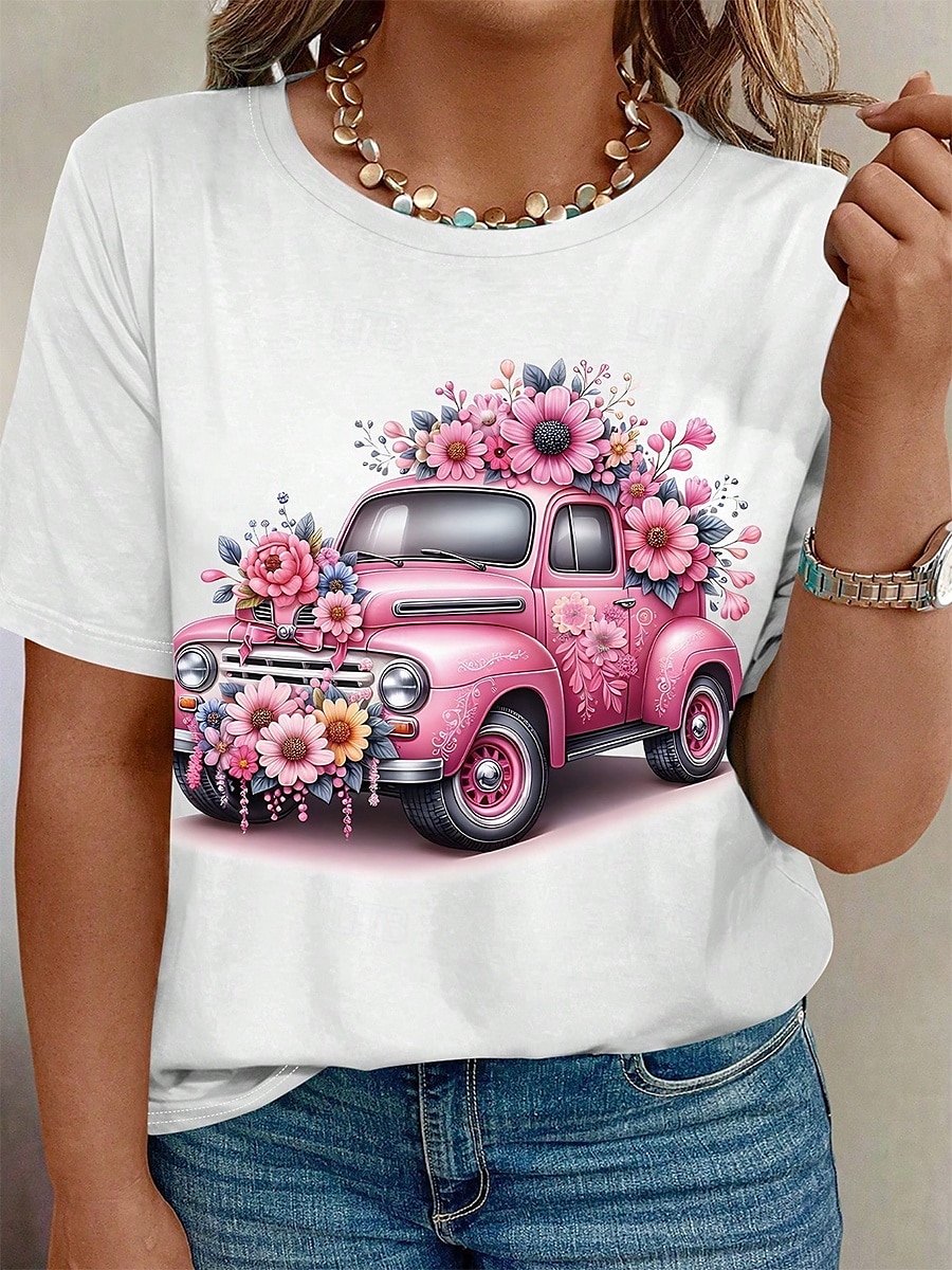 2025年 女性用 プラスサイズ トップの Tシャツ フラワー プリント 半袖 クルーネック カジュアル 日常 ポリエステル 夏 イエロー ピンク コレクション – $19.99 –P4