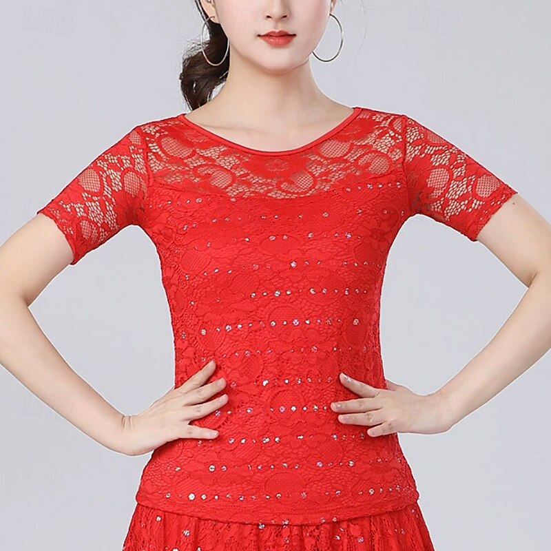 Latijnse dans Top Kant Pure Kleur Gesplitst Dames Prestatie Opleiding Korte mouw Hoog Polyester 2025 - $27.99 –P1