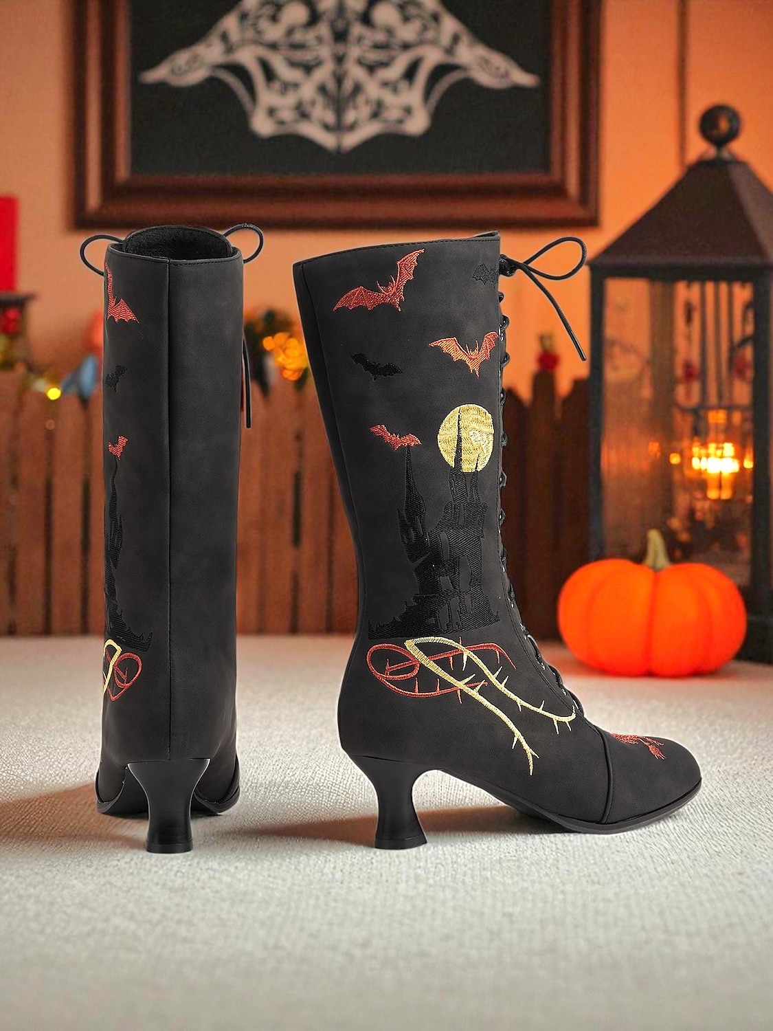 Dámské gotické halloweenské vyšívané šněrovací boty - vintage styl černého kostýmu čarodějnice z roku 1900, podpatky do půli lýtek pro cosplay, večírky a tematické akce 2025 - $59.99 –P5