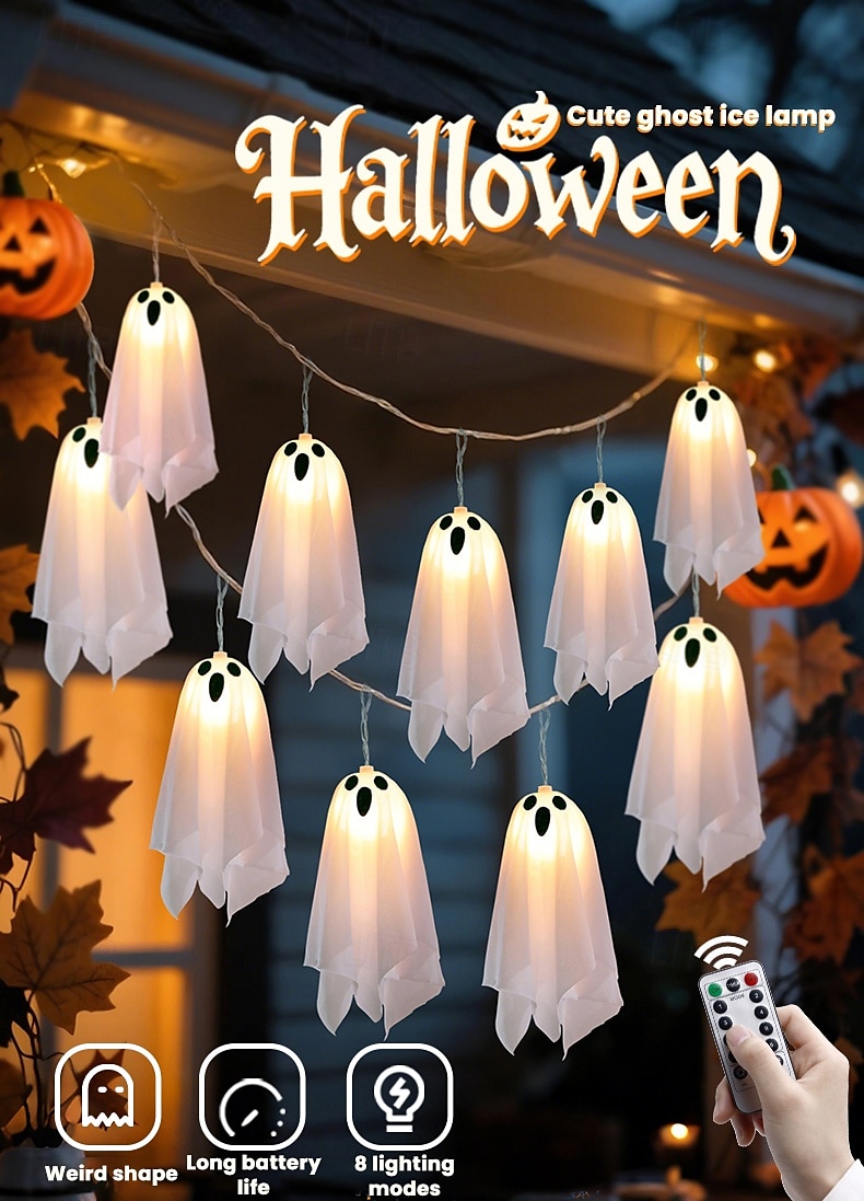 1 Pc Halloween 2.5M 10 luminous hanging ghost ghost light string AAA waterproof battery box 8 function remote control indoor and outdoor courtyard party Halloween atmosphere decoration light 2025 - $20.99 –P10