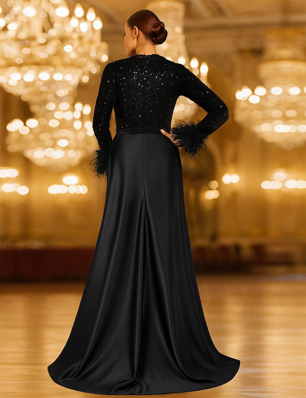Šaty ve tvaru A večerní gown flitrové Elegantní šaty formální svatební maxi délka dlouhý rukáv kulatý výstřih kapsa satén s péřovými kapsami 2025 - $144.99 –P2