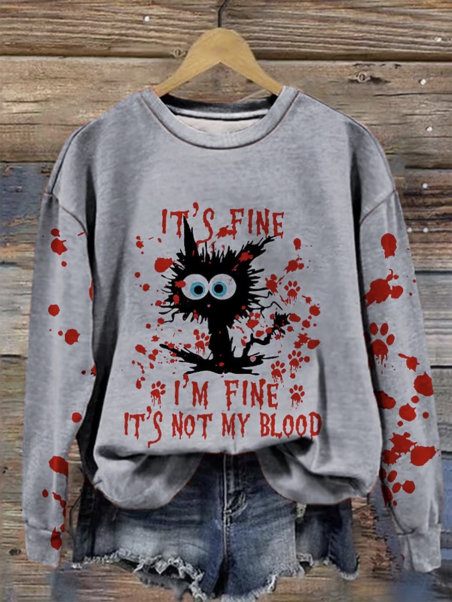 Sweat-shirt Halloween femme graphique de chat noir mode abstraite décontractée à manches longues col rond tops réguliers vêtements de rue impression quotidienne blanc beige gris automne hiver de 2025 ? $26.99 –P3