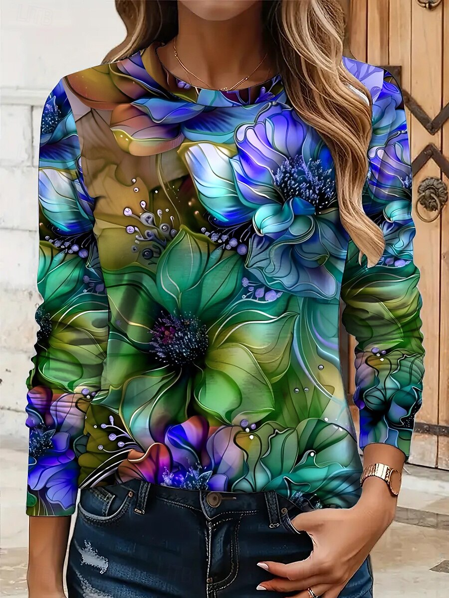 Per donna Maglietta Floreale Grafico Piante Vintage Elegante Classico Manica Lunga Girocollo Top Regolari Quotidiano Stampato Giallo Rosso Blu Viola Verde Estate Primavera Autunno del 2025 a $22.99 –P4