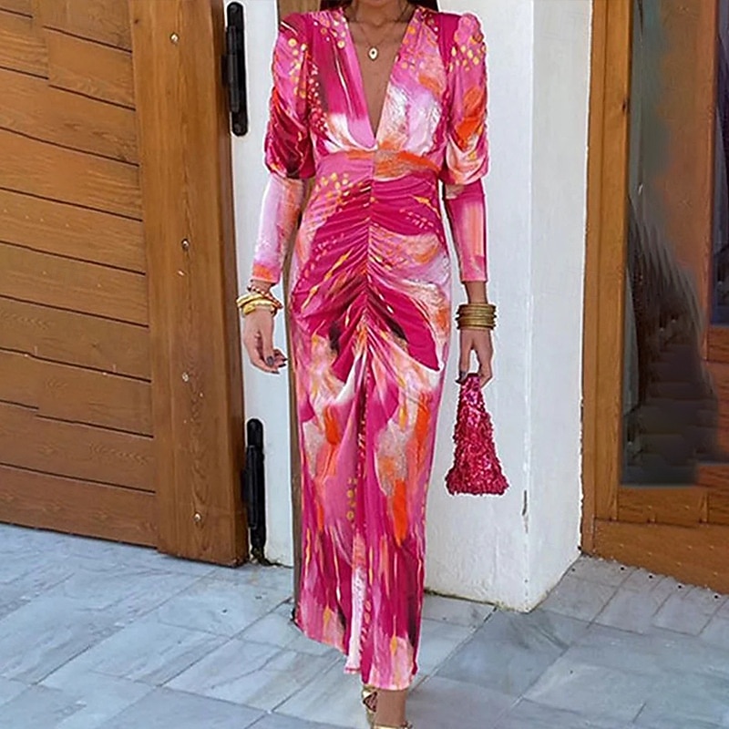 Damen Midikleid Shiftkleid A Linie Kleid Urlaub Lässig Boho Outdoor Ausgehen Strand Normale Passform Ombre Grafik Langarm V Ausschnitt Rote Sommer Frühling Herbst 2025 - $31.99 –P1