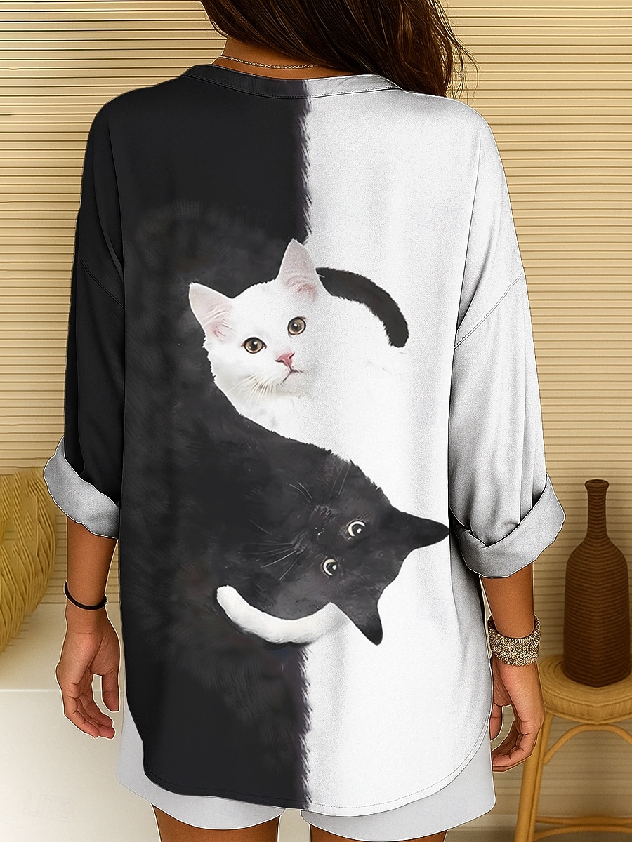 Kvinnes Bluse Tunika V-hals Lange Ermer Boho Casual Sommer Topper Grafisk Dyr Katt Vintage Tropisk Vanlige Topper Daglig Bruk Print Svart Og Hvit Gul Rosa Rød Blå 2025 - $27.99 –P2