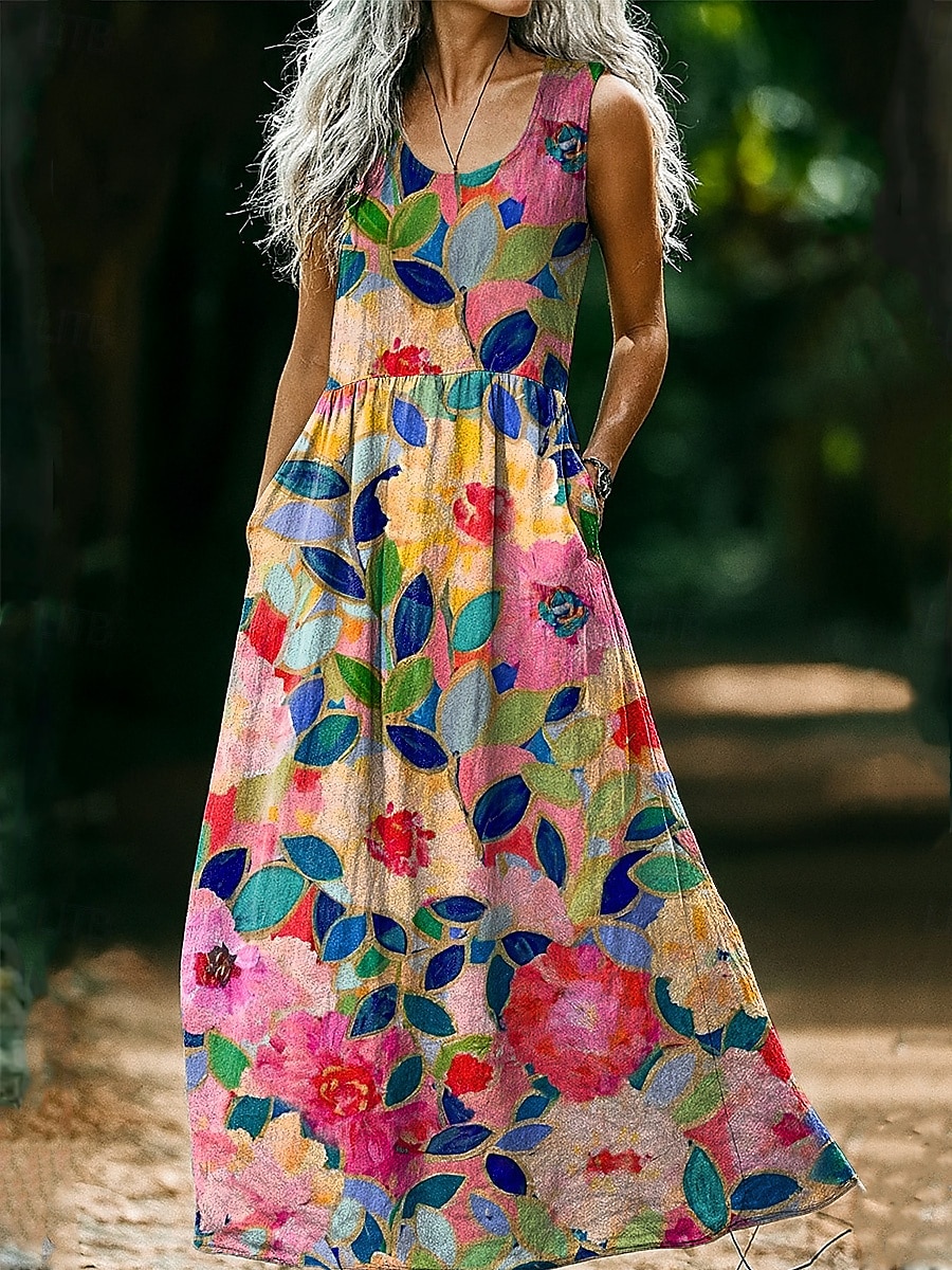 Abito vintage da donna in stile boho con stampa floreale, casual, per uscire in spiaggia, vestibilità regolare, senza maniche, scollo a U, rosa vinaccia, marrone chiaro, blu, estate e primavera. del 2025 a $35.99 –P6