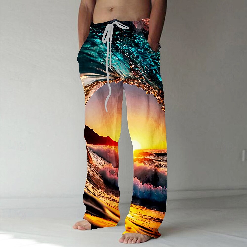 Per uomo Pantaloni Pantaloni Larghi Pantaloni casual Coulisse elastica in vita Pantaloni tipo lino con tasche Illusione ottica Paesaggio Tramonto Lunghezza intera All'aperto Vacanza Hawaiano Nero del 2026 a $27.99 –P1