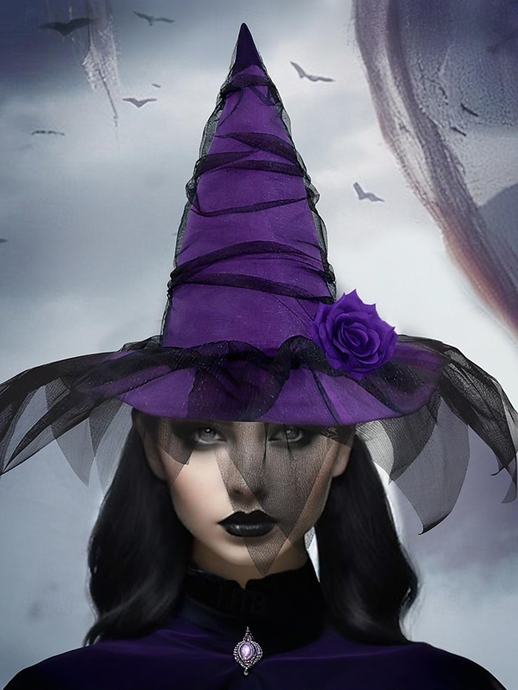 cappello da strega di Halloween da donna con velo a rete e rosa – cappello gotico a punta per feste in maschera, cosplay ed eventi a tema del 2025 a $14.99 –P3