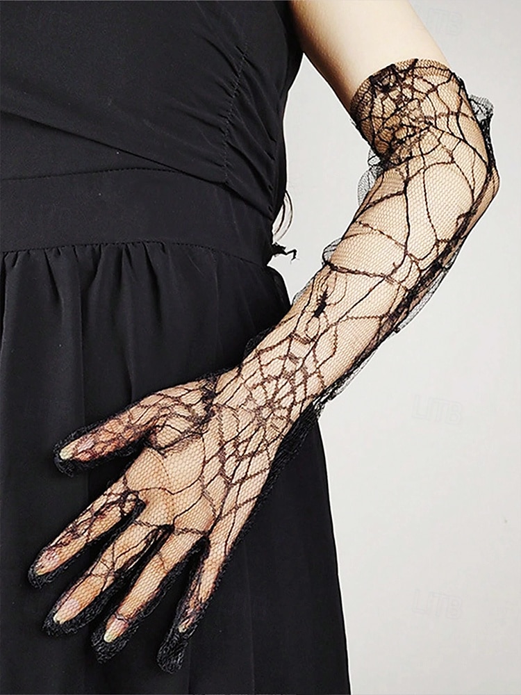 Damen-Halloween-Spinnennetz-Spitzenhandschuhe – lange, durchsichtige Gothic-Handschuhe aus Netzstoff mit fingerlosem Design, elegantes Kostümzubehör für Partys, Cosplay und Hexen-Outfits 2025 - $9.99 –P3
