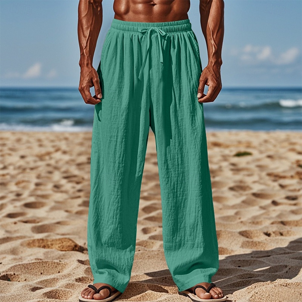 Men's Linen Pants Trousers Summer Pants Baggy Pants Beach Pants Elastic Waist Drawstring Straight Leg Plain Comfort Breathable Full Length Casual Daily Holiday Vacation Fashion White Pink Inelastic 2025 - $20.99 –P7