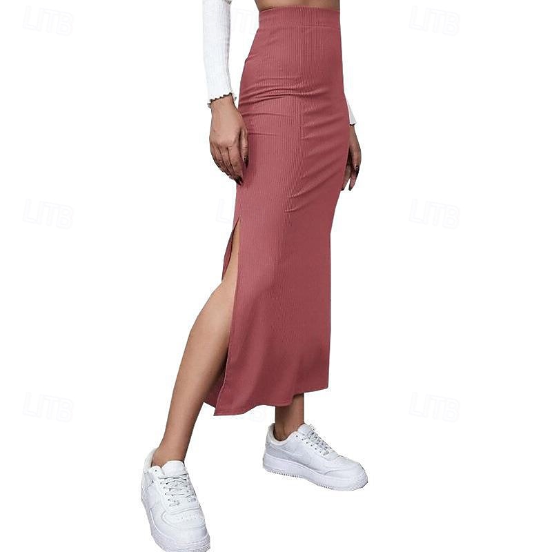 Dames Rok Casual Maxi Medium taille Rokken Effen Gespleten punten Micro-elastisch Vakantie Straat Zwart Rood Licht Bruin Bruin Zomer Polyester 2025 - $17.99 –P11