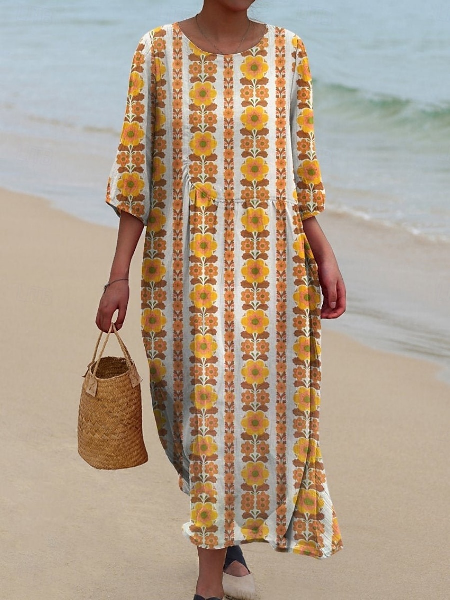 Femmes Robe Midi Robe Décontractée Robe Imprimée ancien africain Quotidien Plage Week-end Coupe régulière Fleuri Graphique Manche 3/4 Col ras du cou Jaune Rouge Orange Printemps Automne de 2025 ? $31.99 –P2