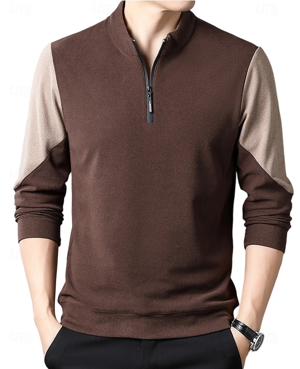 Herr Tröja Långärmad Hög hals Vår Höst Vinter Dagligen Dragkedja Lappverk Utomhus Semester Hem Svart Brun Khaki grön Topp t-shirt för män 2025 - $28.99 –P11
