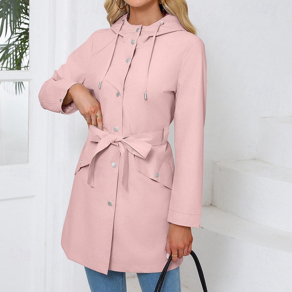 Women's Coat Waterproof Comfortable Pocket Buttons Fashion Street Style Plain Outdoor Casual Daily Long Hooded Regular Fit Long Sleeve Outerwear Black White Pink Spring Fall 2025 - $43.99 –P7