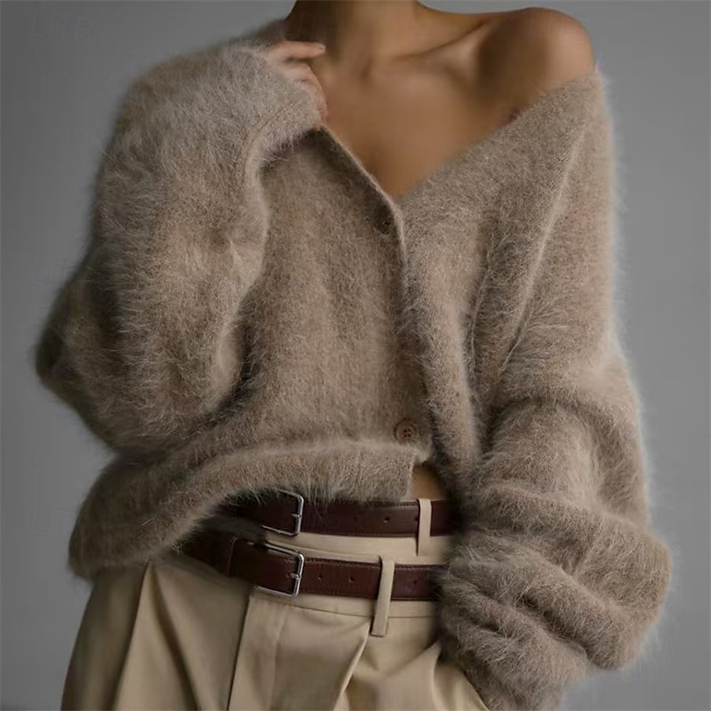 Damen Pullover Strickjacke Mode Streetwear Täglich Einfarbig Gerippt V Ausschnitt Gestrickt Langarm Lange Oberteile Stricken Ferien Ausgehen Wochenende Khaki Hellgrau Herbst Winter 2025 - $26.99 –P1