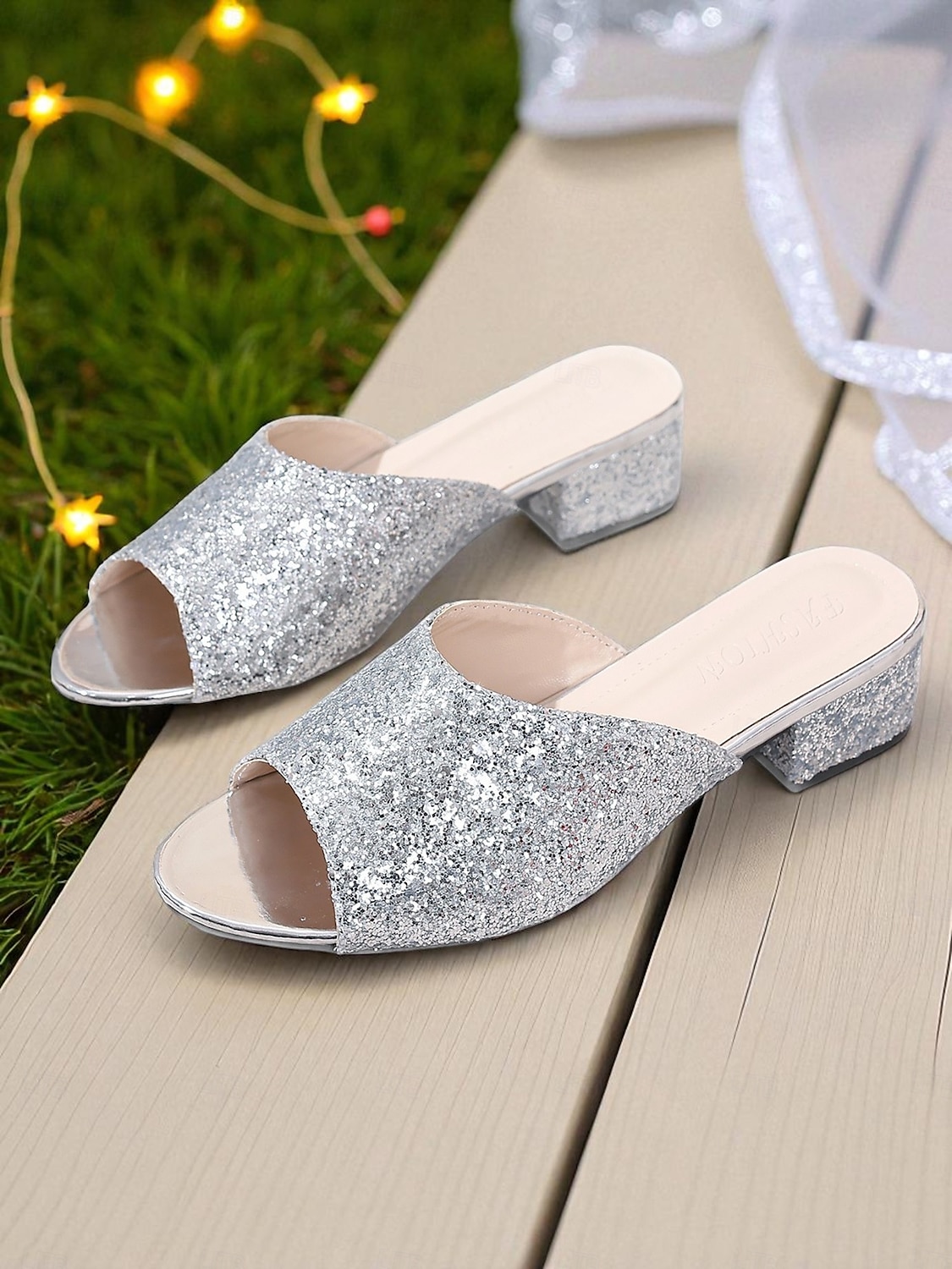 Naisten ruusukullanväriset glitterillä varustetut avokärkiset muulit nilkkaremmillä - elegantit lohkokorkosandaalit yöelämän juhliin ja iltatilaisuuksiin 2025 - $29.99 –P6
