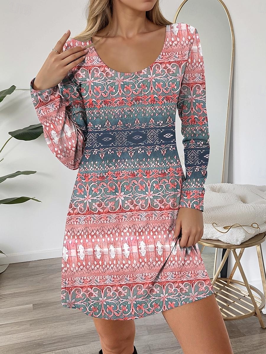 Női Mini ruha Pólóruha A vonalú ruha Alkalmi Napi Normál Grafika Mértani Hosszú ujj Terített nyak Arcpír rózsaszín Medence Bíbor Ősz Tél 2025 - $23.99 –P1