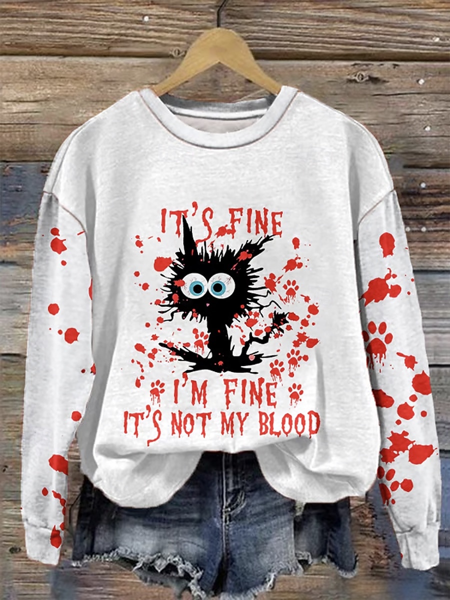 Sweat-shirt Halloween femme graphique de chat noir mode abstraite décontractée à manches longues col rond tops réguliers vêtements de rue impression quotidienne blanc beige gris automne hiver de 2025 ? $26.99 –P1
