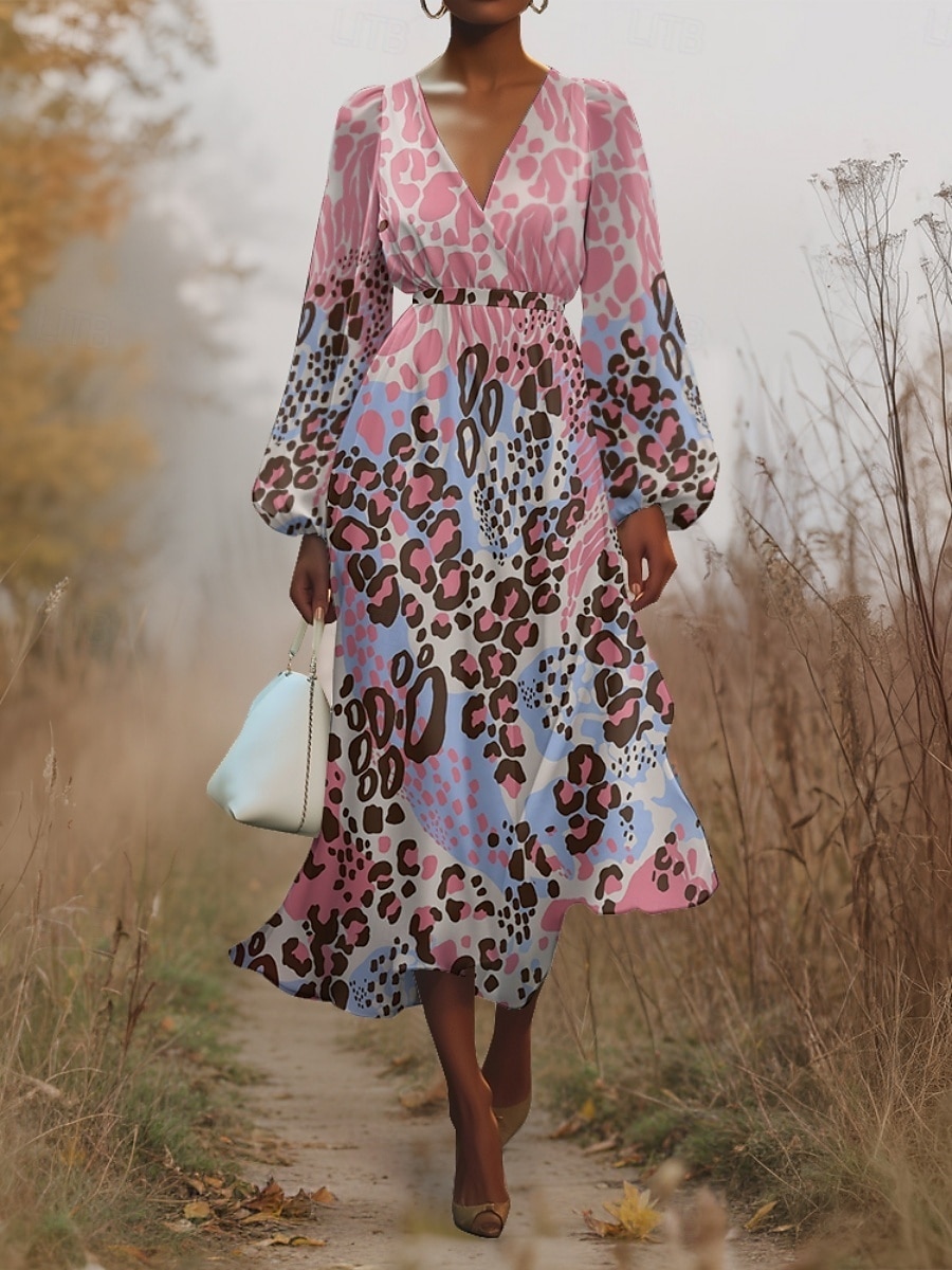 Women's Midi Dress Casual Dress Chiffon Swing Dress Modern Vacation Daily Weekend Regular Fit Leopard Long Sleeve V Neck Pink Blue Purple Green Summer Spring Fall Autumn 2025 - $31.99 –P8